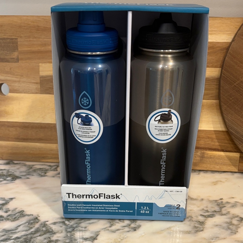 ThermoFlask Stainless Steel Water Bottle Set - Blue and Black